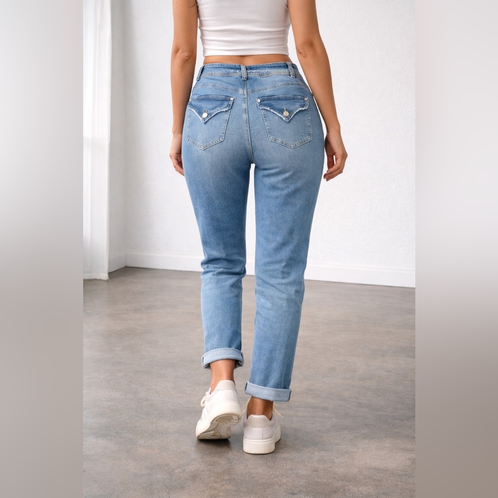 Indigo Rein Light Blue Distressed Mom Jeans - Picture 2 of 7